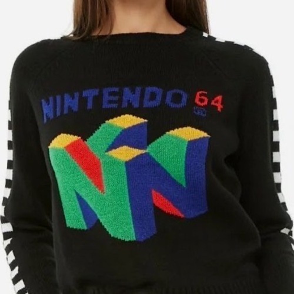 Nintendo 64 N64 Graphic Knit Sweater Black Checkered Stripe Sleeve Womens Small